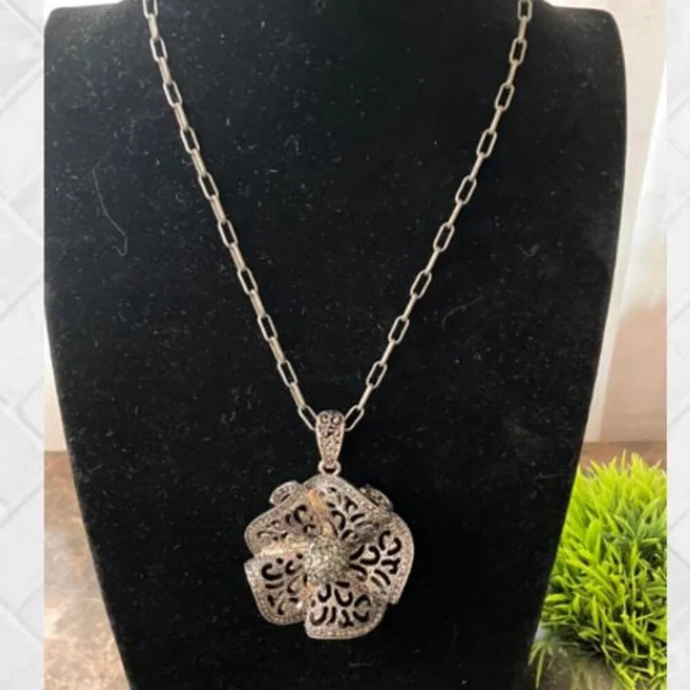 Handcrafted Oxidized Silver Filigree Flower Pendant and 18